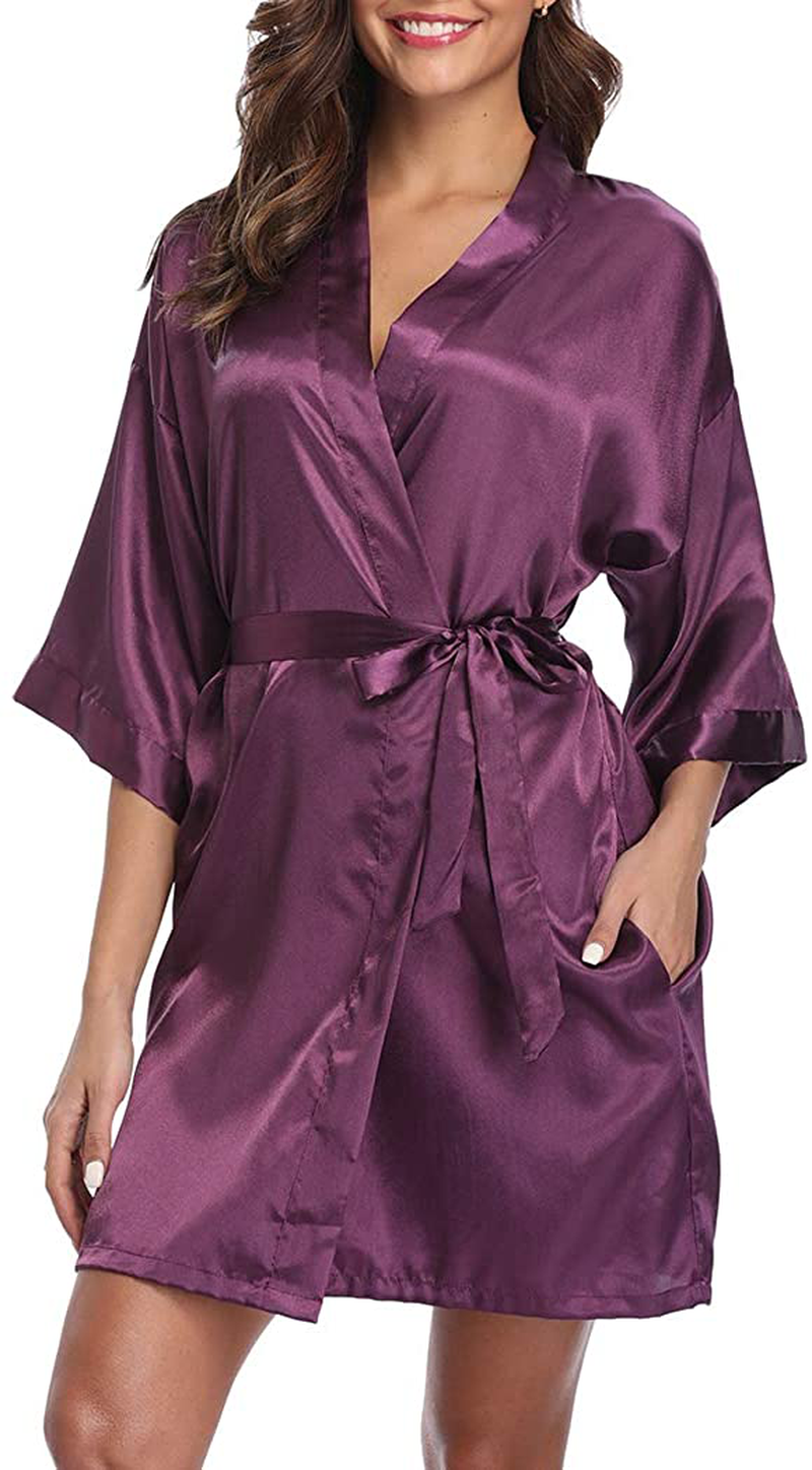 VOGMATE Women'S Floral Satin Short Robe for Bridesmaid Bride Silk Kimono Robe Dressing Gown for Wedding Party Apparel & Accessories > Clothing > Sleepwear & Loungewear > Robes VOGMATE Pure Color-purple X-Large 