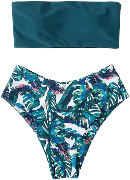 OMKAGI Women's 2 Pieces Bandeau Bikini Swimsuits Off Shoulder High Waist Bathing Suit High Cut Apparel & Accessories > Clothing > Swimwear OMKAGI 3388-navy Floral Large 