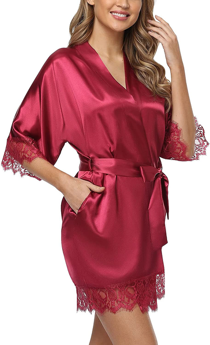Old-Times Women Satin Short Robes for Bridesmaid Bride Sexy Nightgown Lace Trim Lightweight Bathrobe Apparel & Accessories > Clothing > Sleepwear & Loungewear > Robes Old-Times   