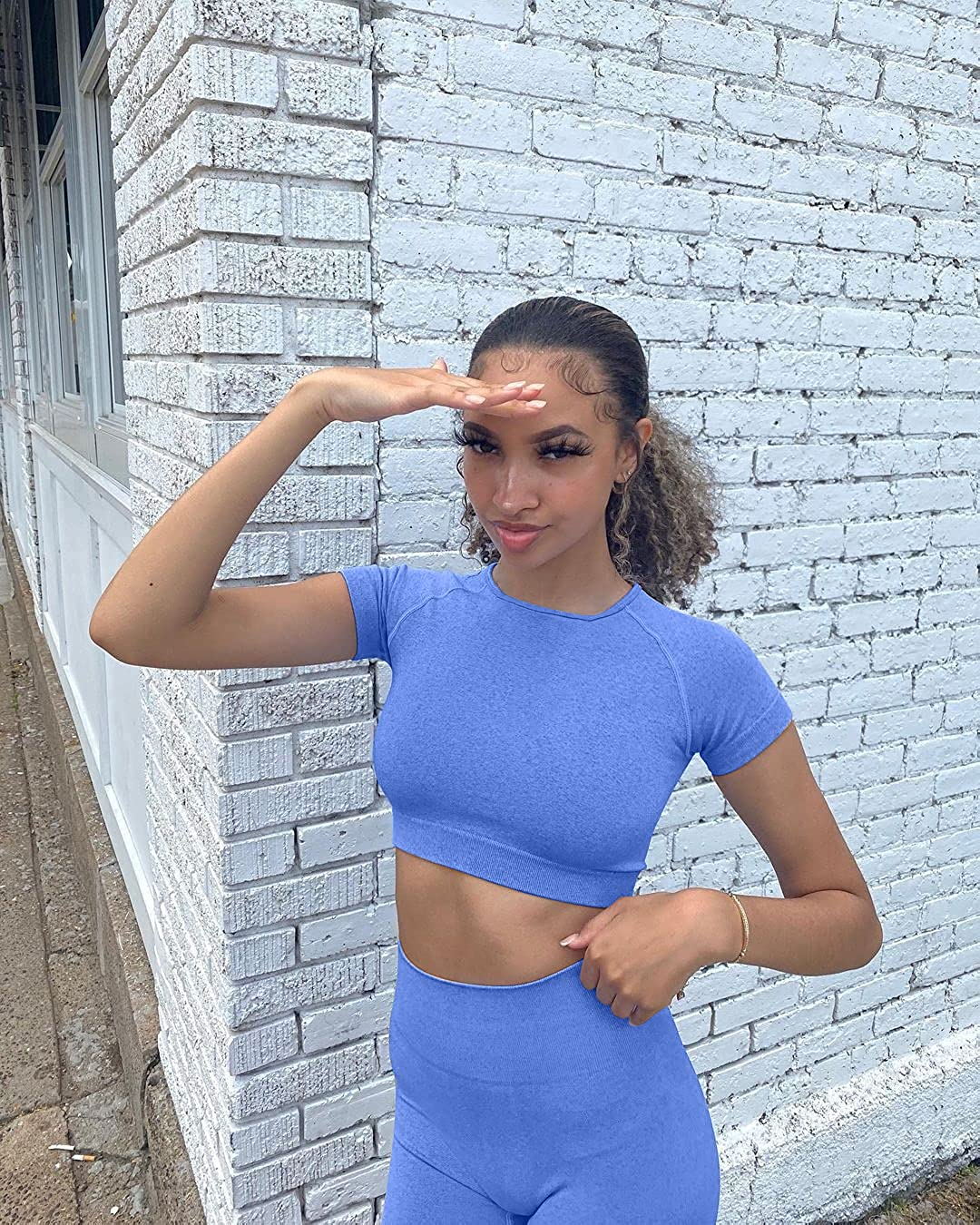 OYS Women'S Yoga 2 Piece Outfits Workout Running Crop Top Seamless High Waist Sports Shorts Sets Apparel & Accessories > Clothing > Underwear & Socks > Lingerie OYS   