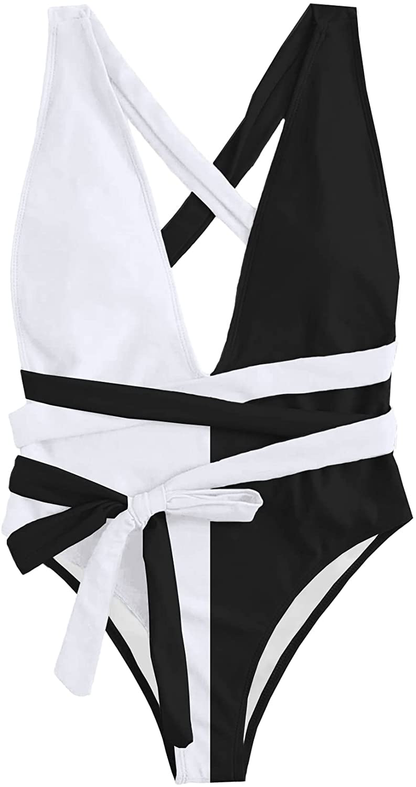 Lilosy Sexy Self Tie Criss Cross Plunge Backless High Cut Thong One Piece Swimsuit for Women Padded Bathing Suit Bikini Apparel & Accessories > Clothing > Swimwear Kylie Max   