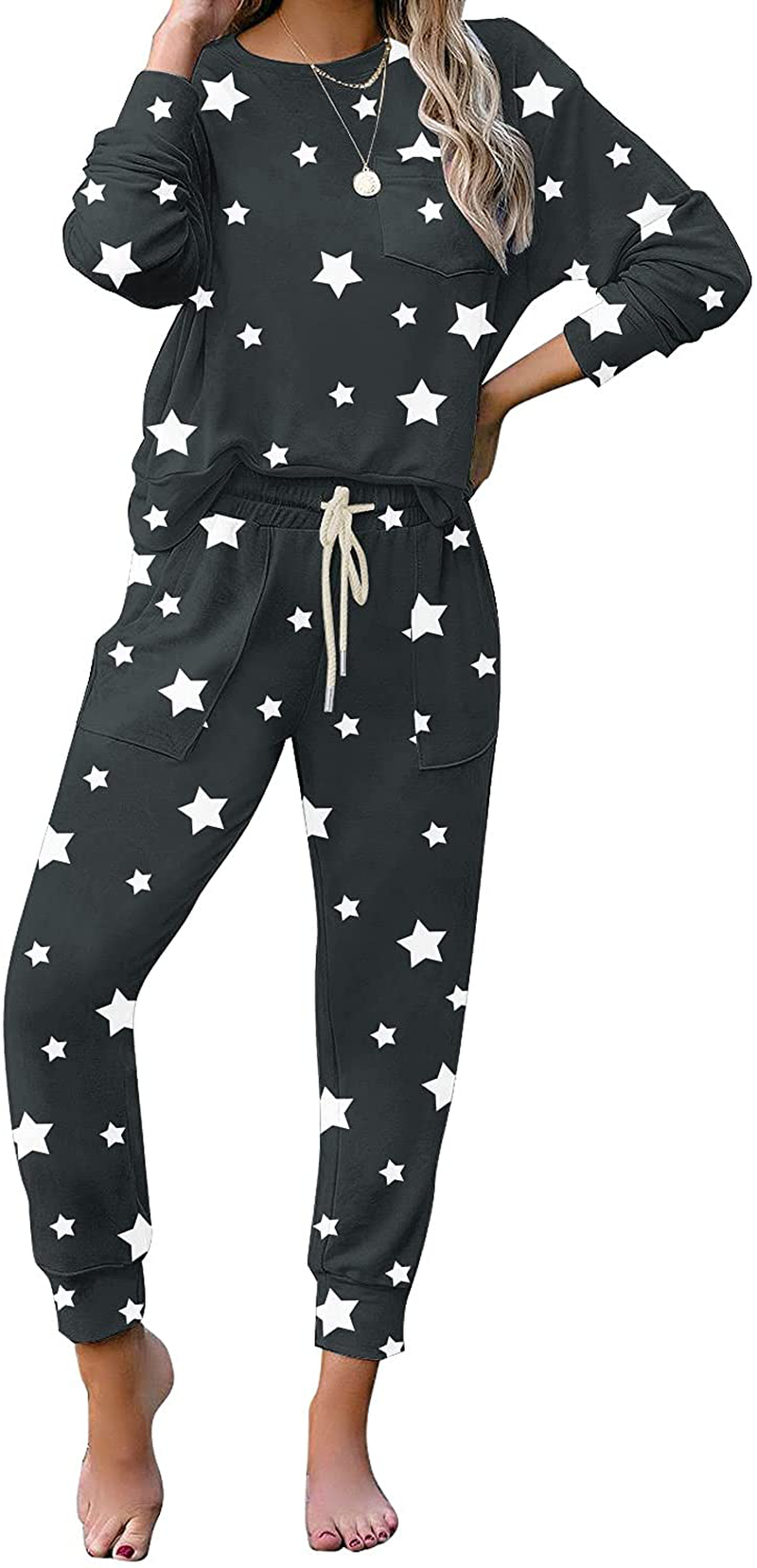 luvamia Women Tie Dye Pajama Sets Long Sleeve Tops and Pants PJ Sets Joggers Loungewear Sleepwear Apparel & Accessories > Clothing > Sleepwear & Loungewear > Pajamas KYLIE MAX Star Printed-grey Medium 