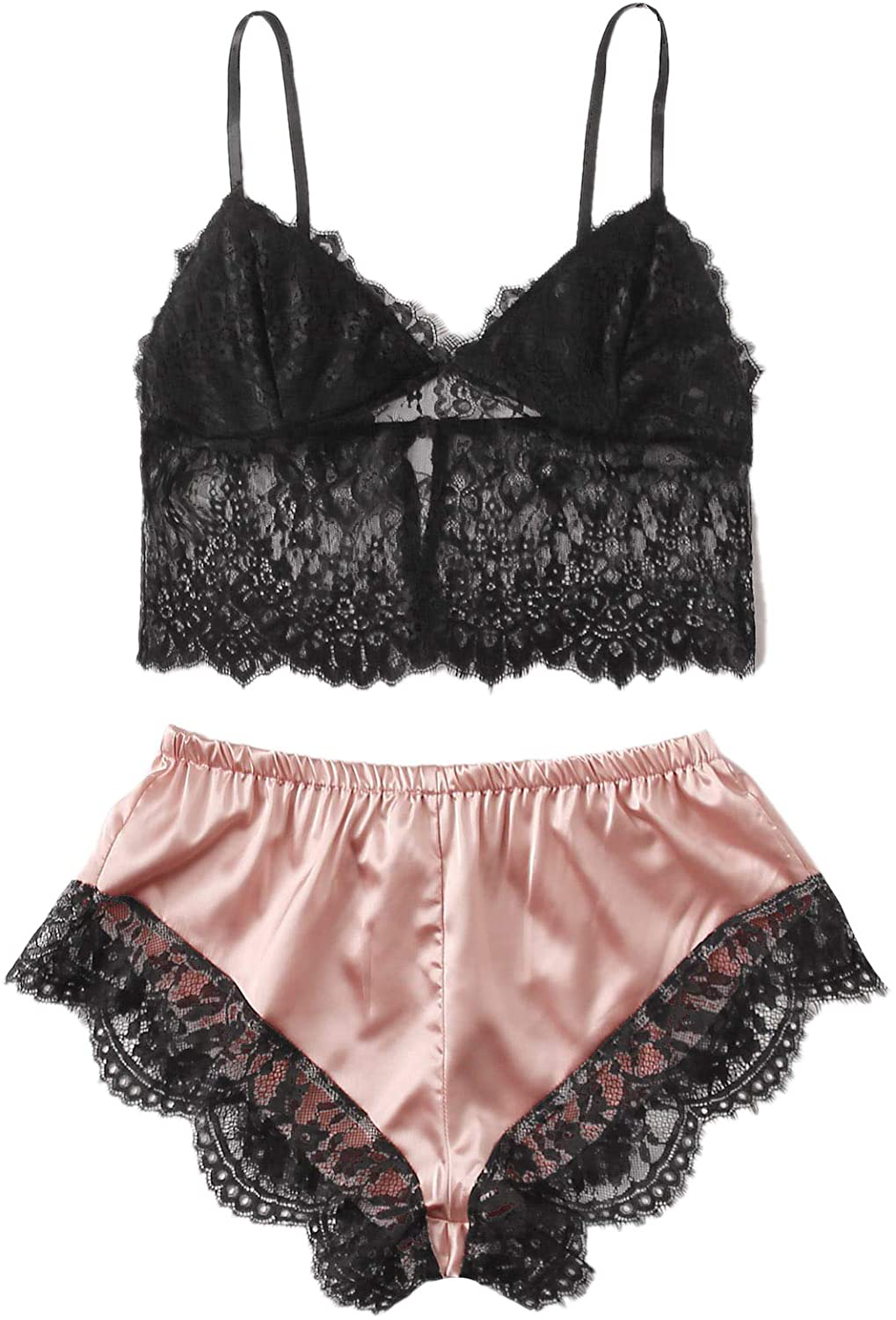 Verdusa Women'S Sleepwear V Neck Lace Wireless Cami Top & Satin Shorts Lingerie Chemise Pajama Set Apparel & Accessories > Clothing > Sleepwear & Loungewear Kylie Max   