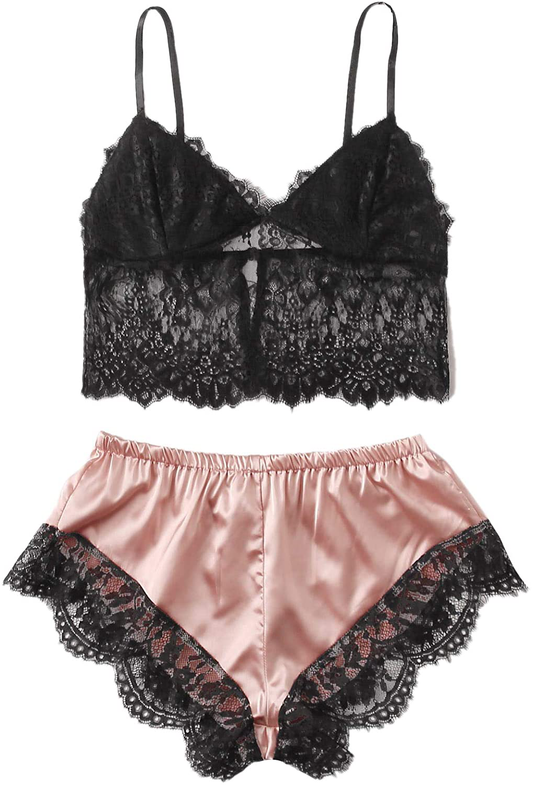 Verdusa Women'S Sleepwear V Neck Lace Wireless Cami Top & Satin Shorts Lingerie Chemise Pajama Set Apparel & Accessories > Clothing > Sleepwear & Loungewear Kylie Max   