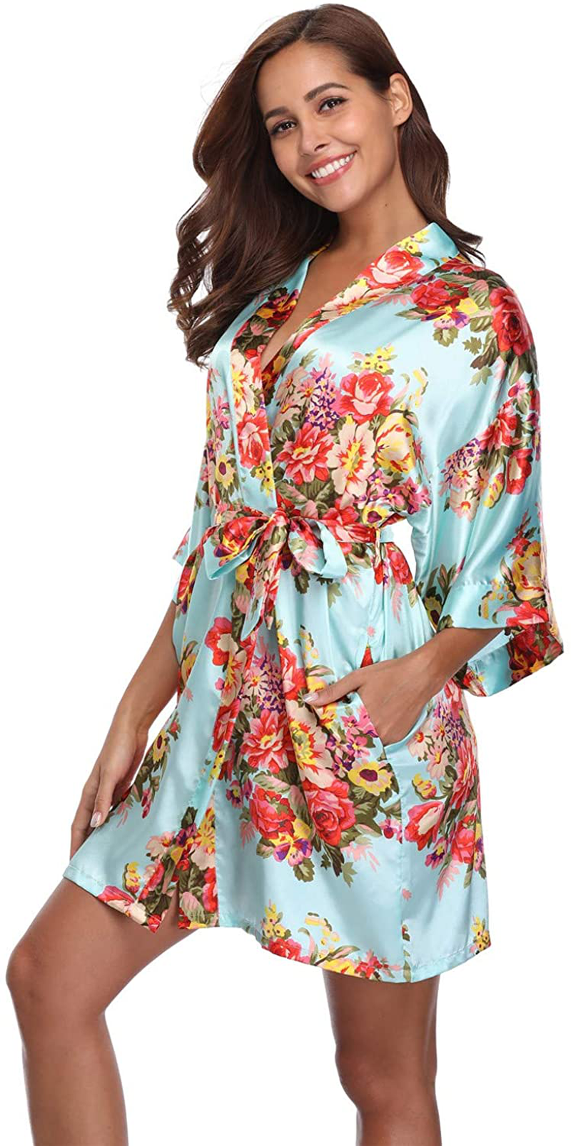 Women'S Floral Satin Kimono Robes Short Bridesmaid Robes for Wedding Party Apparel & Accessories > Clothing > Sleepwear & Loungewear > Robes Super Shopping-zone Light Blue With Pockets X-Large 