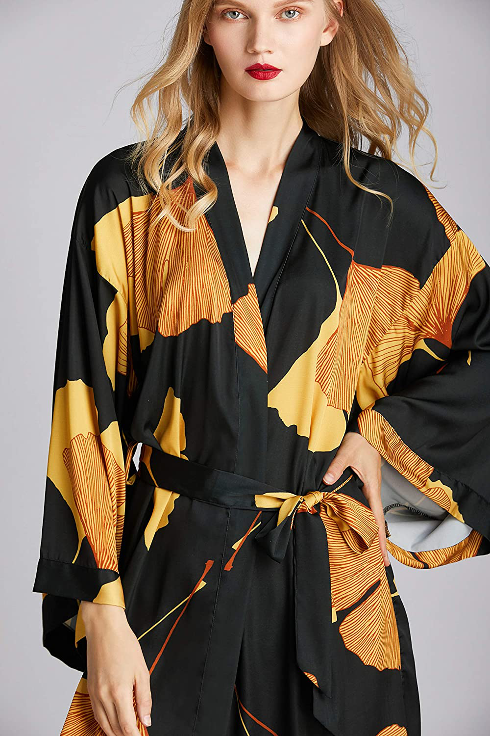 EORUBE Women'S Kimono Robe Long Ginkgo Leaf Printed Satin Robe Bride Bridesmaid Dressing Gown Apparel & Accessories > Clothing > Sleepwear & Loungewear > Robes EORUBE   