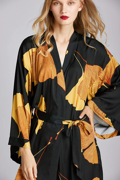 EORUBE Women'S Kimono Robe Long Ginkgo Leaf Printed Satin Robe Bride Bridesmaid Dressing Gown Apparel & Accessories > Clothing > Sleepwear & Loungewear > Robes EORUBE   