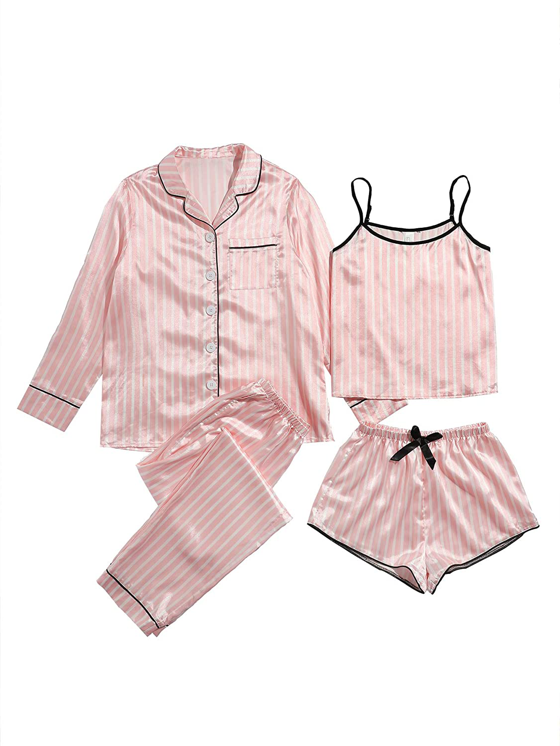 WDIRARA Women'S Silk Satin Pajama Set 4 Pieces Sleepwear Loungewear Pj Sets Apparel & Accessories > Clothing > Sleepwear & Loungewear Kylie Max   
