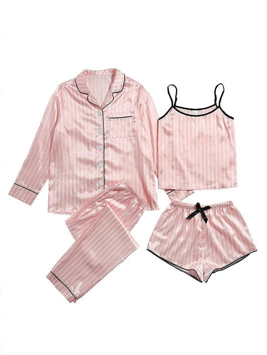 WDIRARA Women'S Silk Satin Pajama Set 4 Pieces Sleepwear Loungewear Pj Sets Apparel & Accessories > Clothing > Sleepwear & Loungewear Kylie Max   