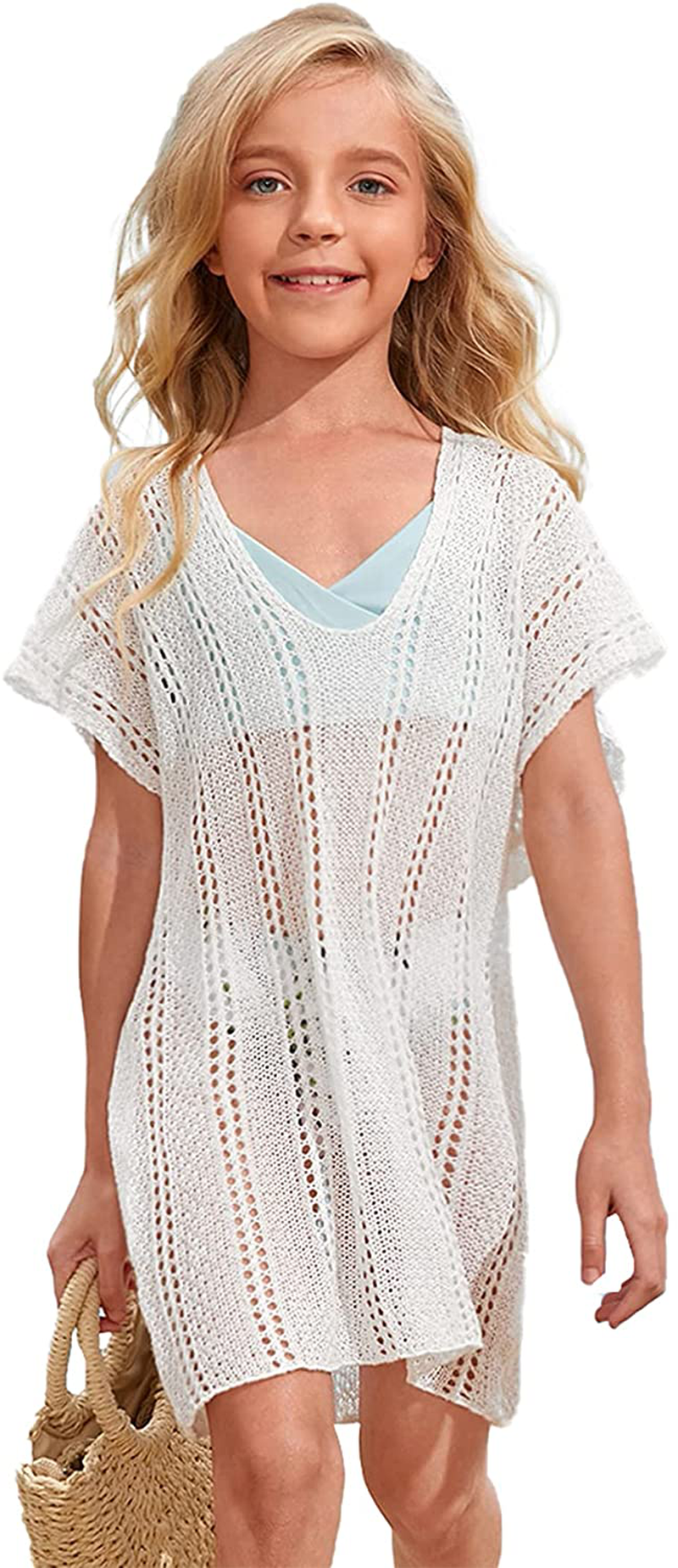 SOLY HUX Girl'S Spaghetti Strap Split Hem Crochet Beach Swimsuit Bikini Cover Up Apparel & Accessories > Clothing > Swimwear Kylie Max   