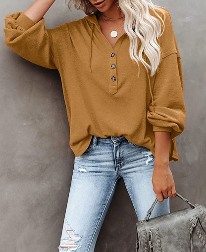 REVETRO Womens V Neck Long Sleeve Henley Shirts Button down Sweatshirts Hoodies Tunic Tops with Drawstring Apparel & Accessories > Clothing > Activewear Kylie Max   