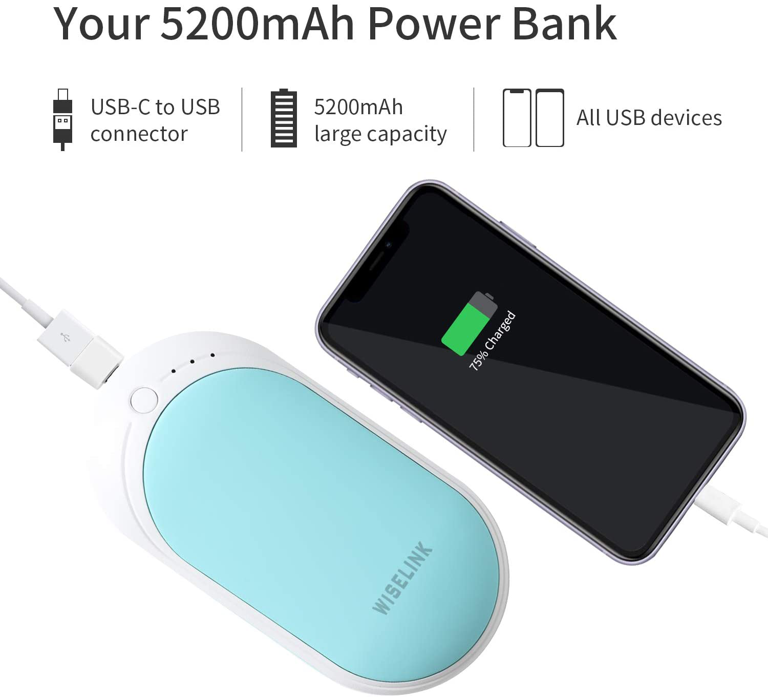 Wiselink Rechargeable Hand Warmer, 5200mAh Electric Hand Warmers Reusable, Portable USB Power Bank, Double-Sided Quick Heating Handwarmer for Hunting, Golf, Camping, Skiing, Winter Gift for Women, Men Arts & Entertainment > Party & Celebration > Gift Giving Wiselink   