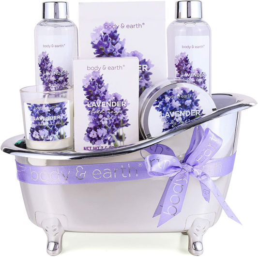 Gift Basket for Women - Bath Spa Baskets Gift Set for Women, Body & Earth 7 Pcs Lavender Bath Gifts for Birthday Mom Friend with Shower Gel, Bubble Bath, Bath Salts ,Body Lotion, Scented Candle Arts & Entertainment > Party & Celebration > Gift Giving BODY & EARTH   