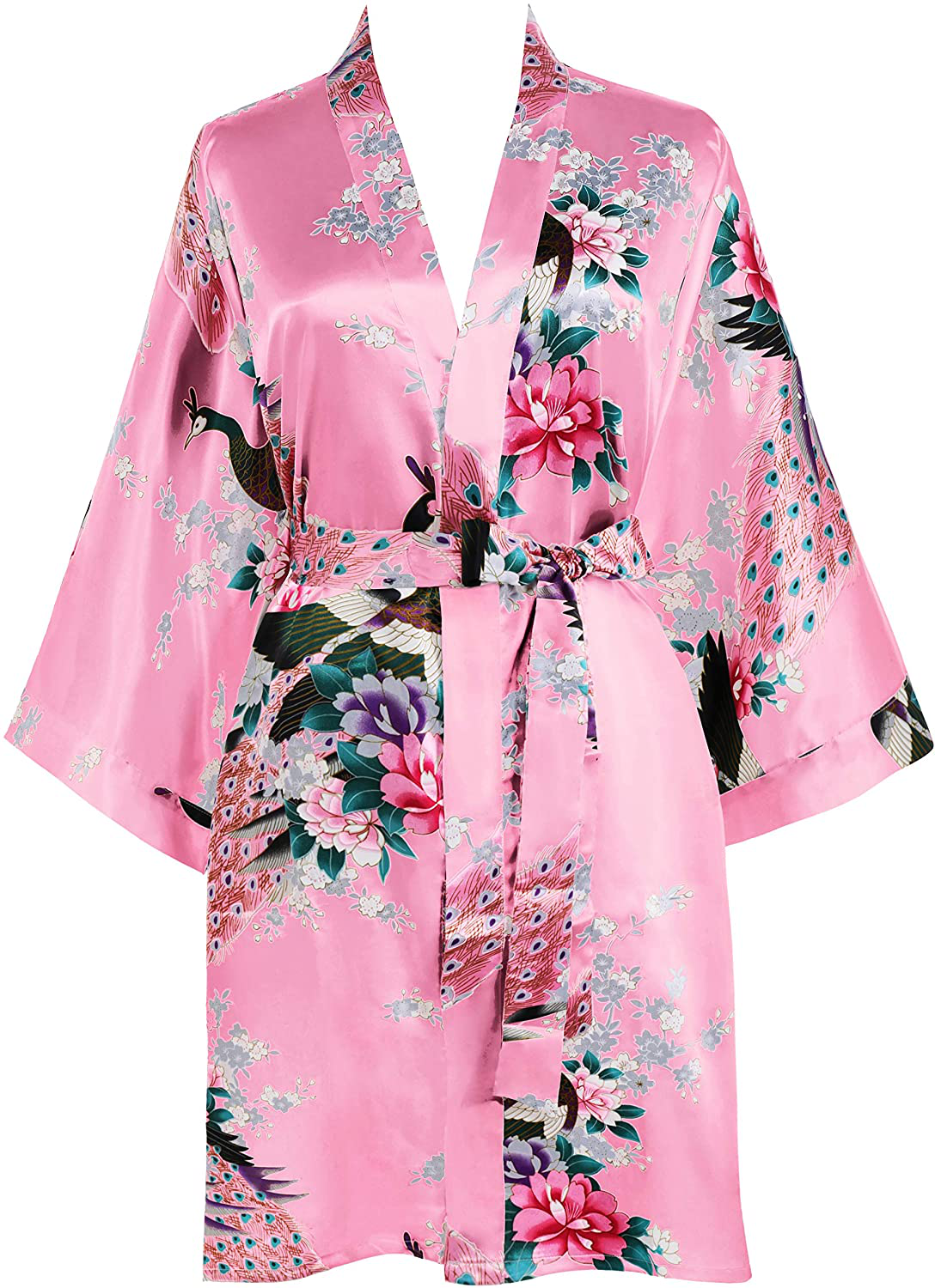 BABEYOND Short Kimono Robe Blouse Peacock Printed Kimono Cover up Loose Cardigen Apparel & Accessories > Clothing > Sleepwear & Loungewear > Robes KYLIE MAX Watermelon Red  
