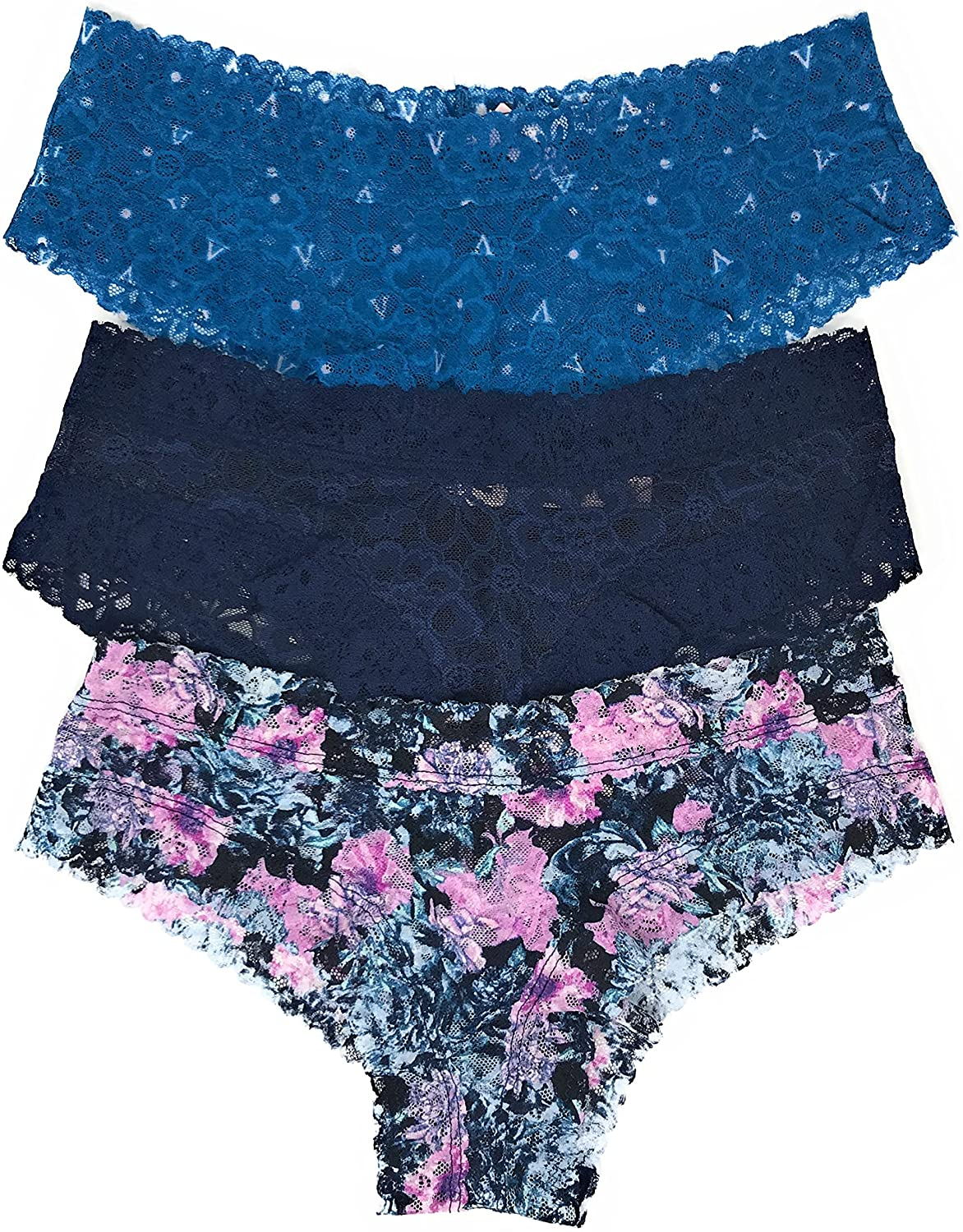 Victoria'S Secret the Lacie Cheeky Panty Set of 3 Apparel & Accessories > Clothing > Underwear & Socks > Underwear Victoria's Secret Teal V Dot / Navy / Purple Aqua Floral X-Large 