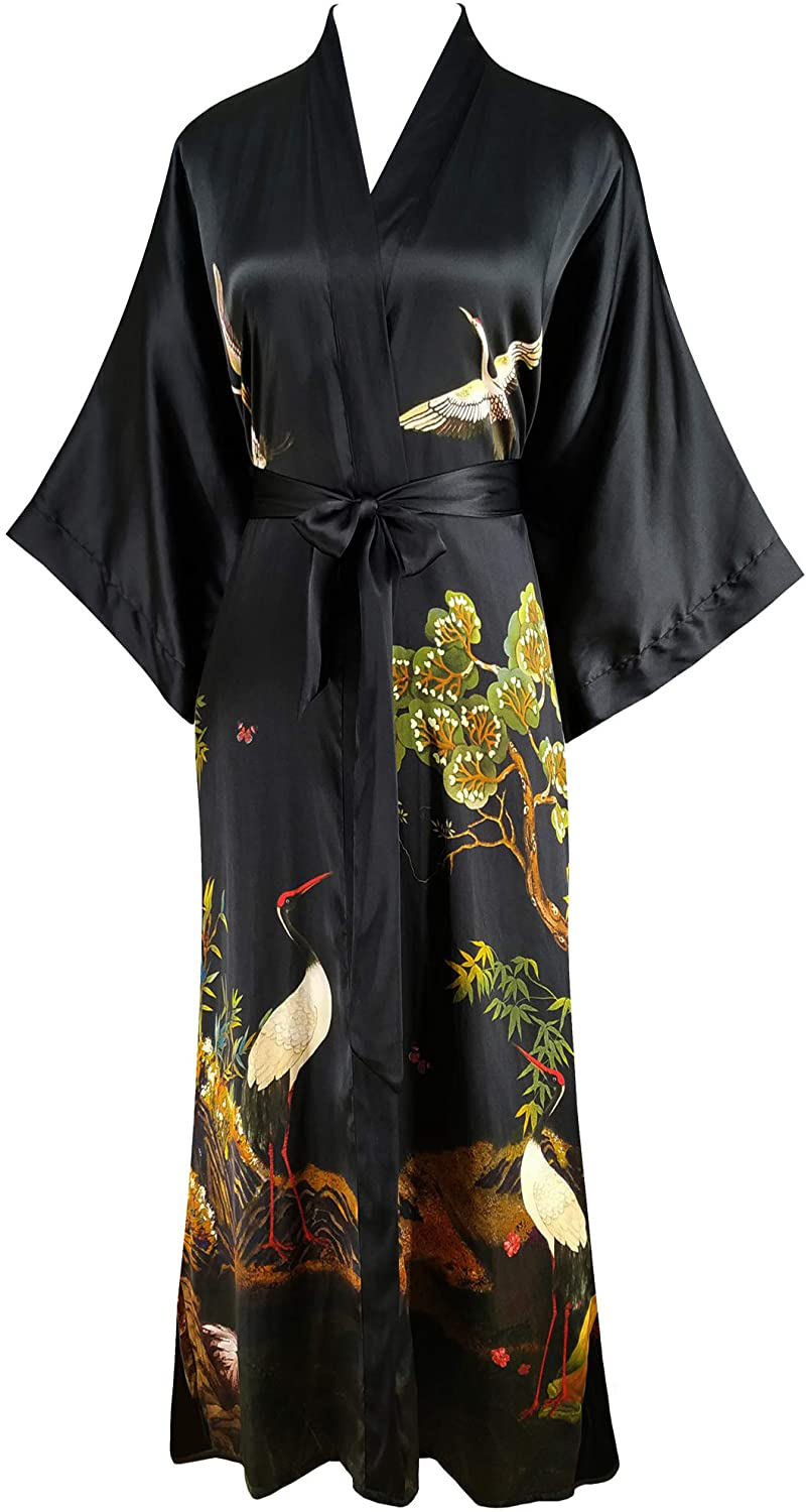Ledamon Women'S 100% Silk Kimono Long Robe - Classic Colors and Prints Apparel & Accessories > Clothing > Sleepwear & Loungewear > Robes Ledamon Black-b  