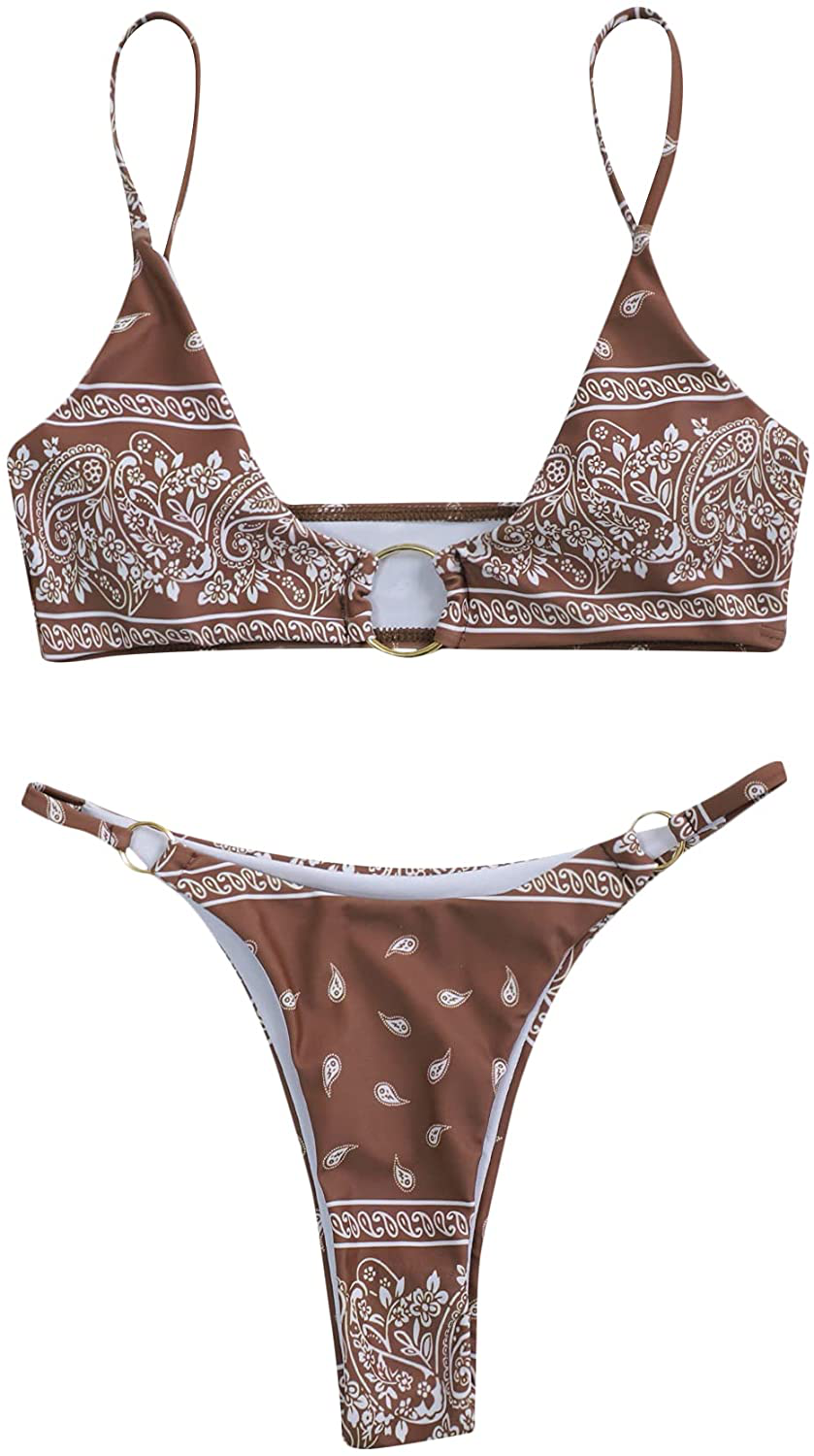SOLY HUX Women's Print Tie Back Triangle Bikini Bathing Suits 2 Piece Swimsuits Apparel & Accessories > Clothing > Swimwear KYLIE MAX Coffee Brown Paisley Large 