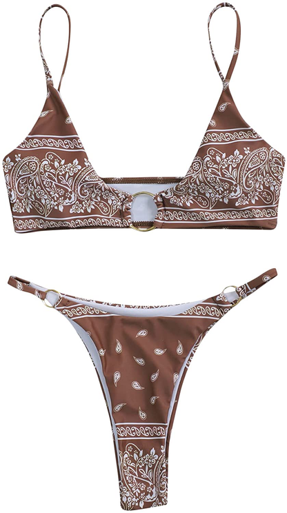 SOLY HUX Women's Print Tie Back Triangle Bikini Bathing Suits 2 Piece Swimsuits Apparel & Accessories > Clothing > Swimwear KYLIE MAX Coffee Brown Paisley Large 