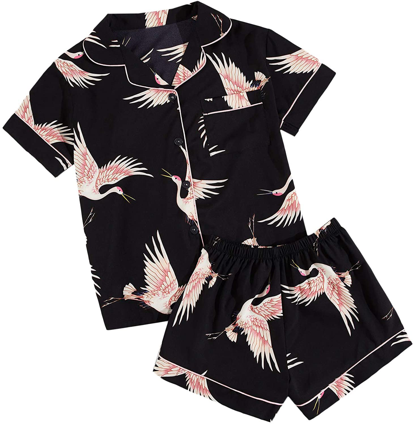 Floerns Women's Notch Collar Palm Leaf Print Sleepwear Two Piece Pajama Set Apparel & Accessories > Clothing > Sleepwear & Loungewear > Pajamas Floerns Black Crane Large 