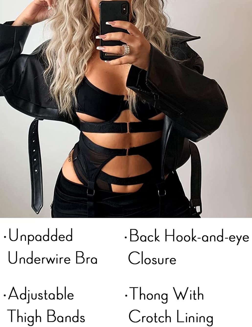 Kaei&Shi Mesh Patchwork,Underwire Peekaboo,Garter Belt,Thong,Thigh Straps,4 Piece Lingerie Apparel & Accessories > Clothing > Underwear & Socks > Lingerie Kaei&Shi   