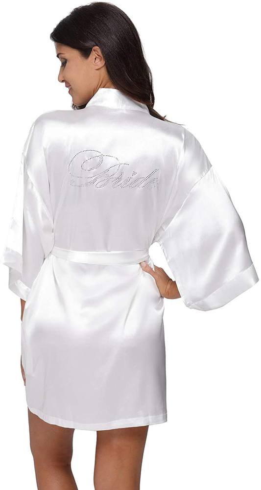 The Bund Women'S Satin Robes for Bride Bridesmaids with Rhinsetones Silk Bridal Party Robe with Gold Glitter Apparel & Accessories > Clothing > Sleepwear & Loungewear > Robes The Bund Bride-white1 Medium 