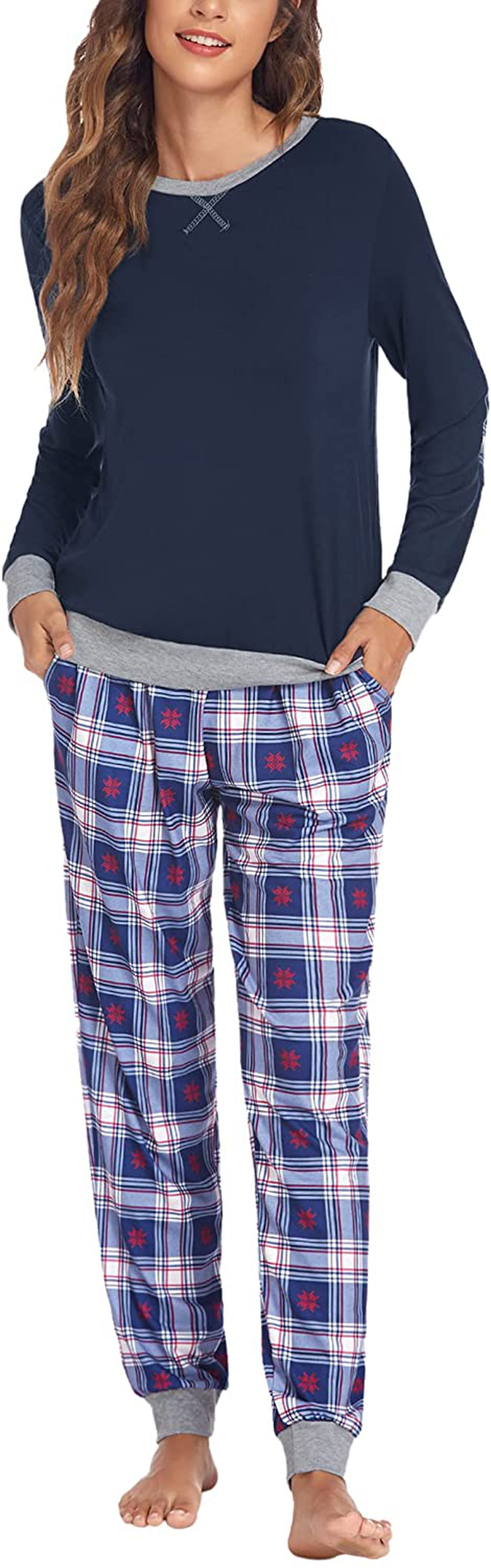 Ekouaer Women's Pajamas Sets Long Sleeve with Plaid Pants Soft Sleepwear O Neck 2 Piece Pjs Joggers Loung Set with Pockets Apparel & Accessories > Clothing > Sleepwear & Loungewear > Pajamas Ekouaer Pat28 Medium 