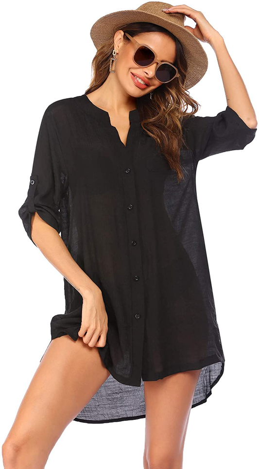 Ekouaer Women'S Cover up Shirt V-Neck Swimsuit Beach Bikini Beachwear Button down Bathing Suit S-3XL Apparel & Accessories > Clothing > Swimwear Kylie Max   