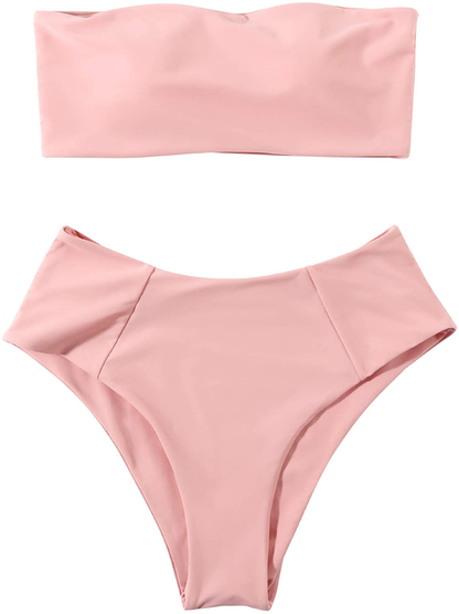 OMKAGI Women's 2 Pieces Bandeau Bikini Swimsuits Off Shoulder High Waist Bathing Suit High Cut Apparel & Accessories > Clothing > Swimwear OMKAGI 3-pink Small 