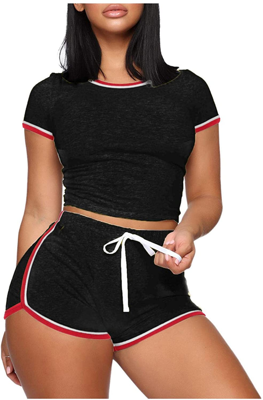 Burband Womens Casual Loungewear 2 Piece Shorts Sets Short Sleeve Sexy Crop Top and Jogger Shorts Summer Tracksuits Outfits Apparel & Accessories > Clothing > Underwear & Socks > Shapewear Burband Black Medium 