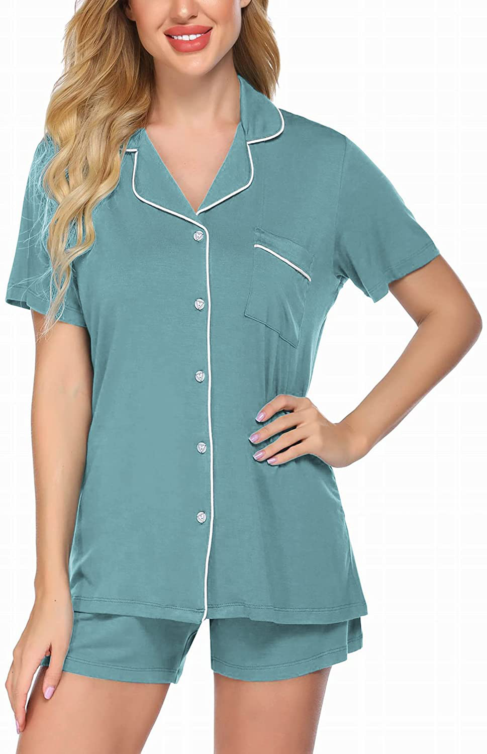 Ekouaer Pajamas Set Short Sleeve Sleepwear Womens Button Down Nightwear Soft Pj Lounge Sets XS-XXL Apparel & Accessories > Clothing > Sleepwear & Loungewear > Pajamas Ekouaer Aqua Green Small 