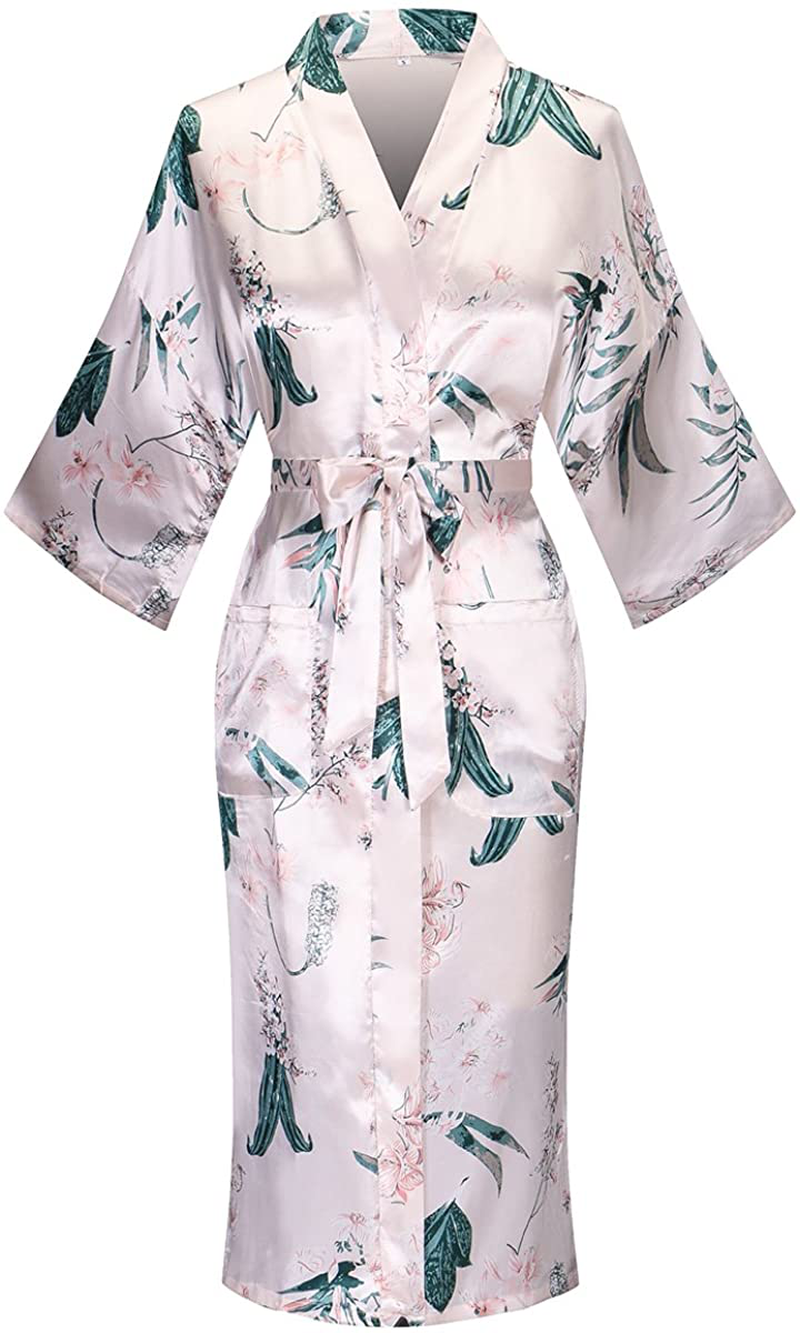 Dandychic Women'S Kimono Robes Lightweight Imitation Silk Sleepwear Long Lightweight Nightgown for Women Apparel & Accessories > Clothing > Sleepwear & Loungewear > Robes DandyChic Green Flower Small 