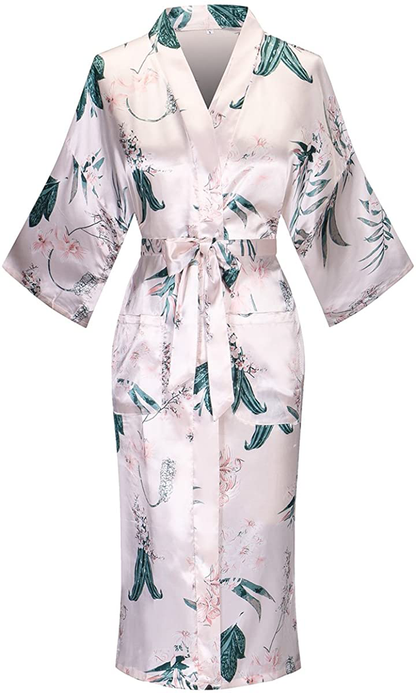 Dandychic Women'S Kimono Robes Lightweight Imitation Silk Sleepwear Long Lightweight Nightgown for Women Apparel & Accessories > Clothing > Sleepwear & Loungewear > Robes DandyChic Green Flower Small 