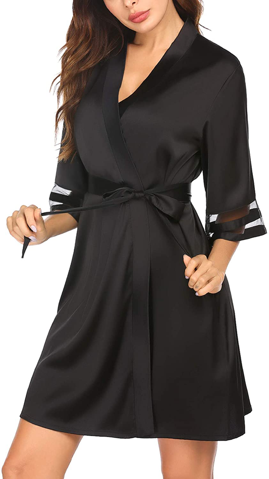 Ekouaer Womens Satin Robe Lightweight Kimono Bathrobe 3/4 Bell Sleeve Bridesmaid Bride Party Robes S-XXL Apparel & Accessories > Clothing > Sleepwear & Loungewear > Robes Ekouaer A-black X-Small 