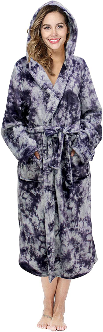 RONGTAI Womens Long Robes Plush Fleece Nightgown Thick plus Size Hooded Bathrobe with Pockets Fluffy Sleepwear for Men Apparel & Accessories > Clothing > Sleepwear & Loungewear > Robes RONGTAI Tie-dye Blue Grey Small 