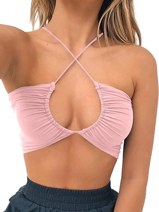 TOB Women'S Sexy Criss Cross Lace up Sling Basic Bow Tie Crop Top Apparel & Accessories > Clothing > Underwear & Socks > Lingerie TOB Pink Medium 
