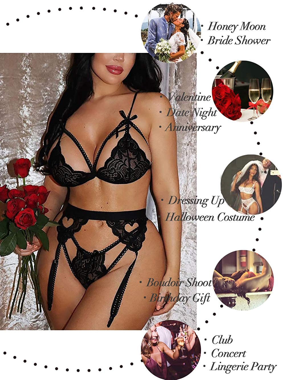 Kaei&Shi Sexy Lingerie for Women, Heart Lingerie Set with Garter Belt, Lace Bondage Lingerie Bra and Panty Sets Apparel & Accessories > Clothing > Underwear & Socks > Lingerie Kaei&Shi   