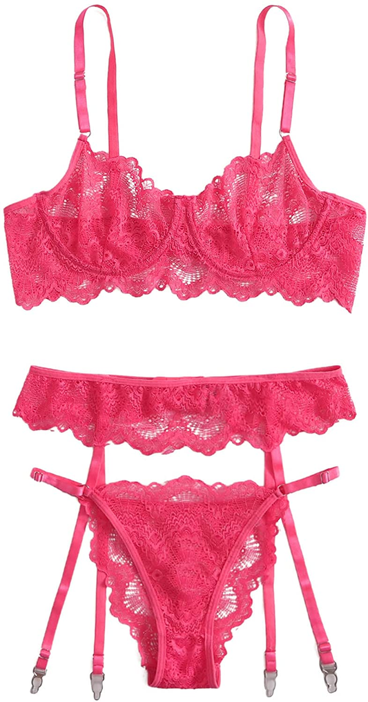 Shein Women'S 3 Piece Floral Lace Lingerie Set with Garter Belts Sexy Bra and Panty Apparel & Accessories > Clothing > Underwear & Socks > Lingerie SheIn Hot Pink Small 
