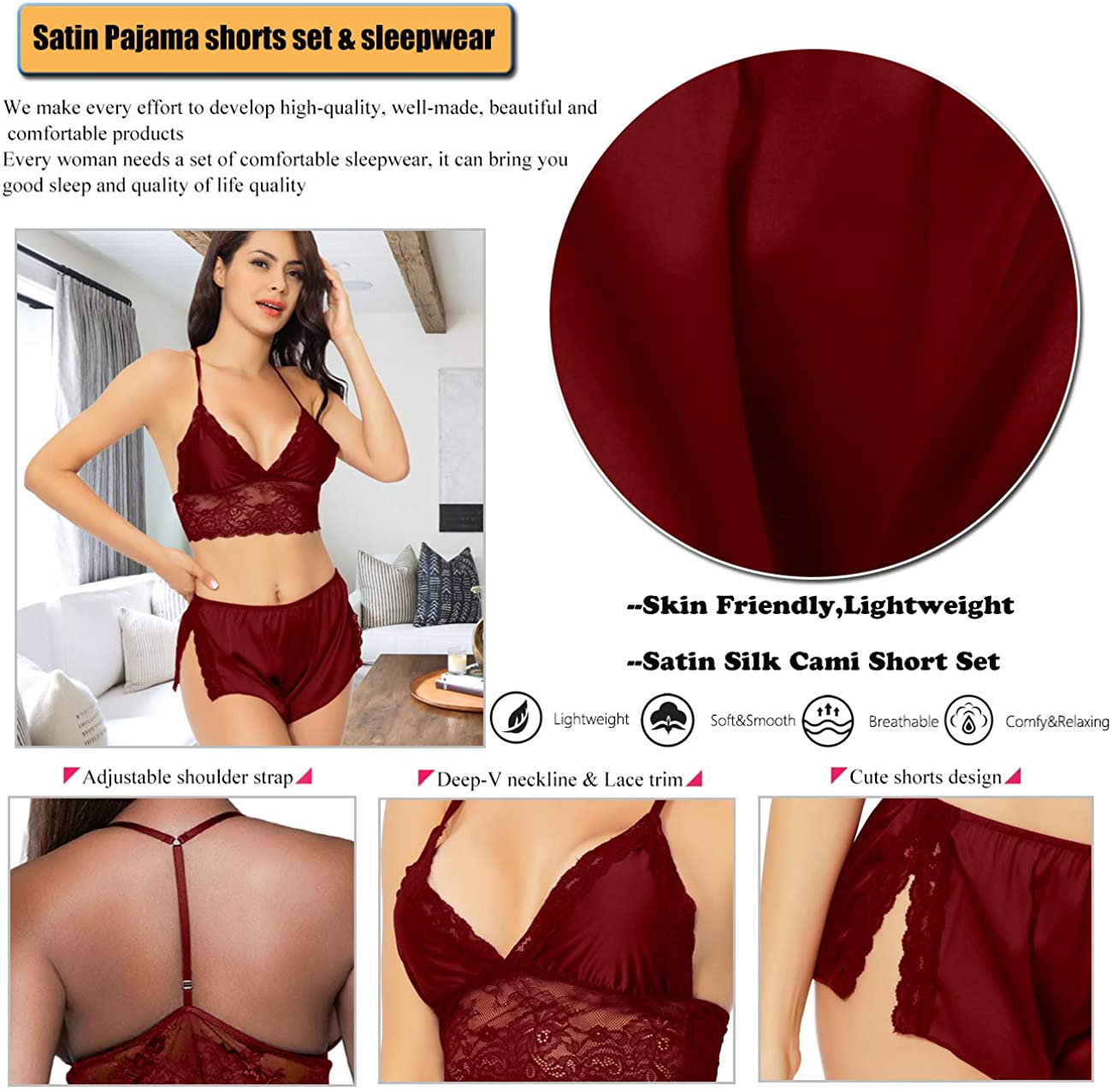 Lingerie for Women Cute Silk Pajamas Sets Satin Lace Trim Cami Tops and Shorts 2 Piece Straps Bralette and Panty Sleepwear Apparel & Accessories > Clothing > Sleepwear & Loungewear Kylie Max   