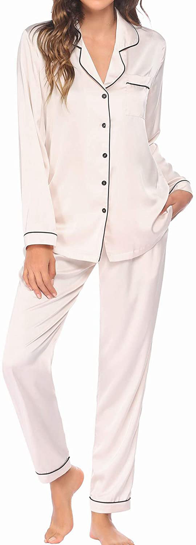 Ekouaer Satin Pajamas Women’S Long Sleeve Sleepwear Silk Soft Button down Loungewear Pjs Set S-XXL Apparel & Accessories > Clothing > Sleepwear & Loungewear > Pajamas Kylie Max   
