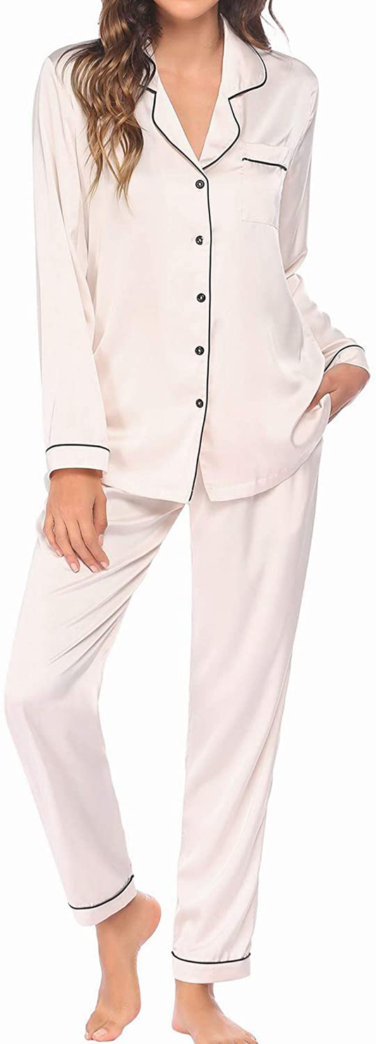 Ekouaer Satin Pajamas Women’S Long Sleeve Sleepwear Silk Soft Button down Loungewear Pjs Set S-XXL Apparel & Accessories > Clothing > Sleepwear & Loungewear > Pajamas Kylie Max   