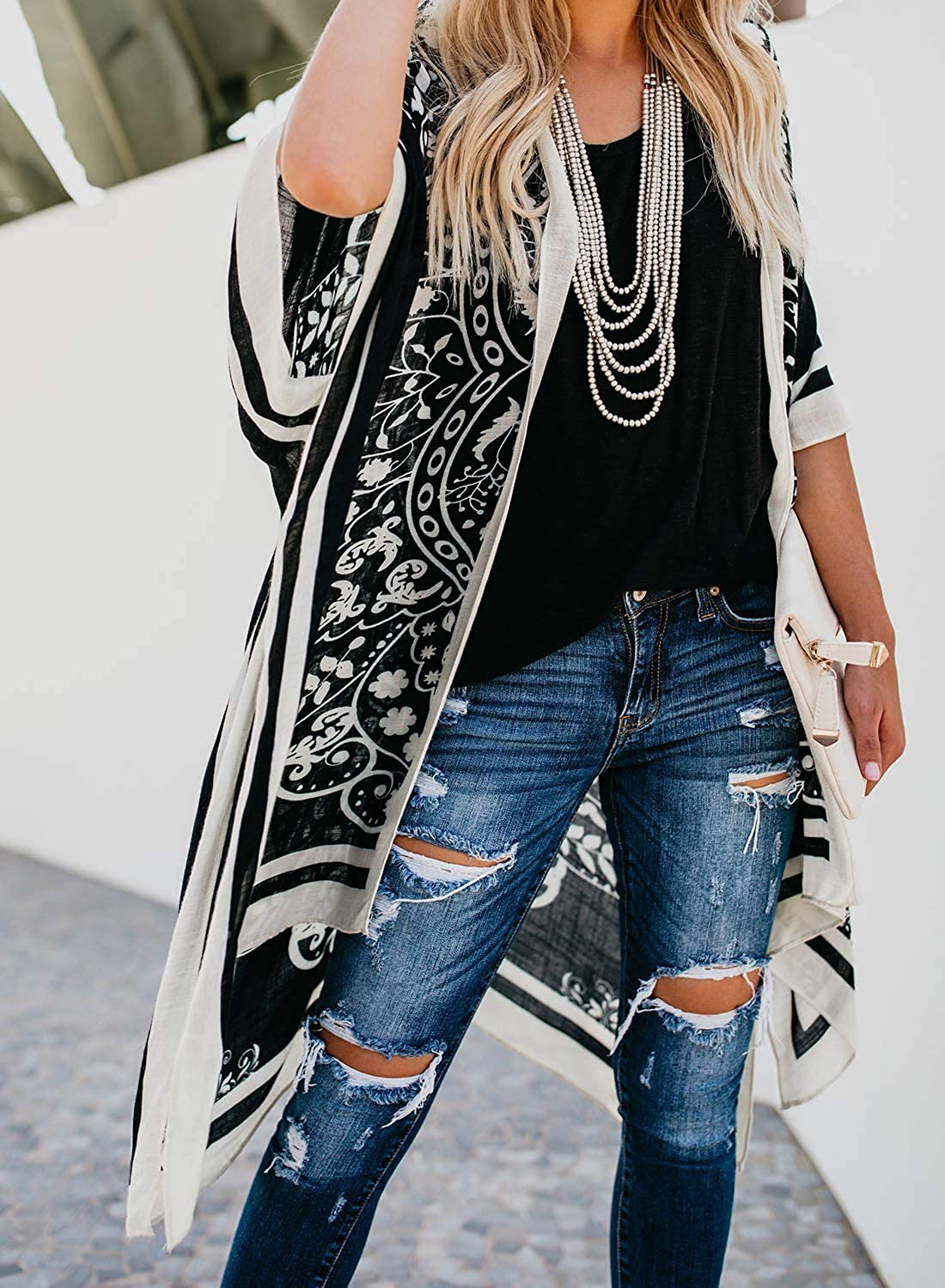 Dokotoo Womens 2022 Fashion Print Kimono Tassel Casual Cardigan Loose Cover Up Apparel & Accessories > Clothing > Swimwear Kylie Max   