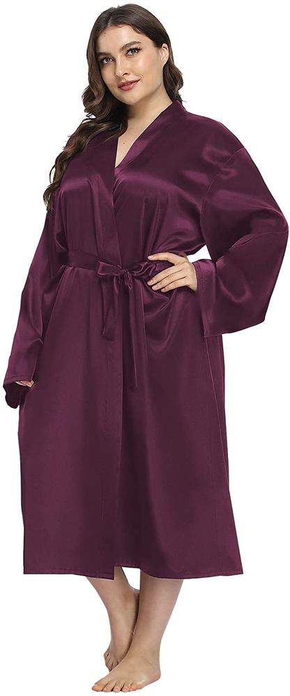 Ifigure Women'S plus Size Satin Robe Long Bathrobes Dressing Gown Soft Sleepwear Apparel & Accessories > Clothing > Sleepwear & Loungewear > Robes iFigure Purple 3X 