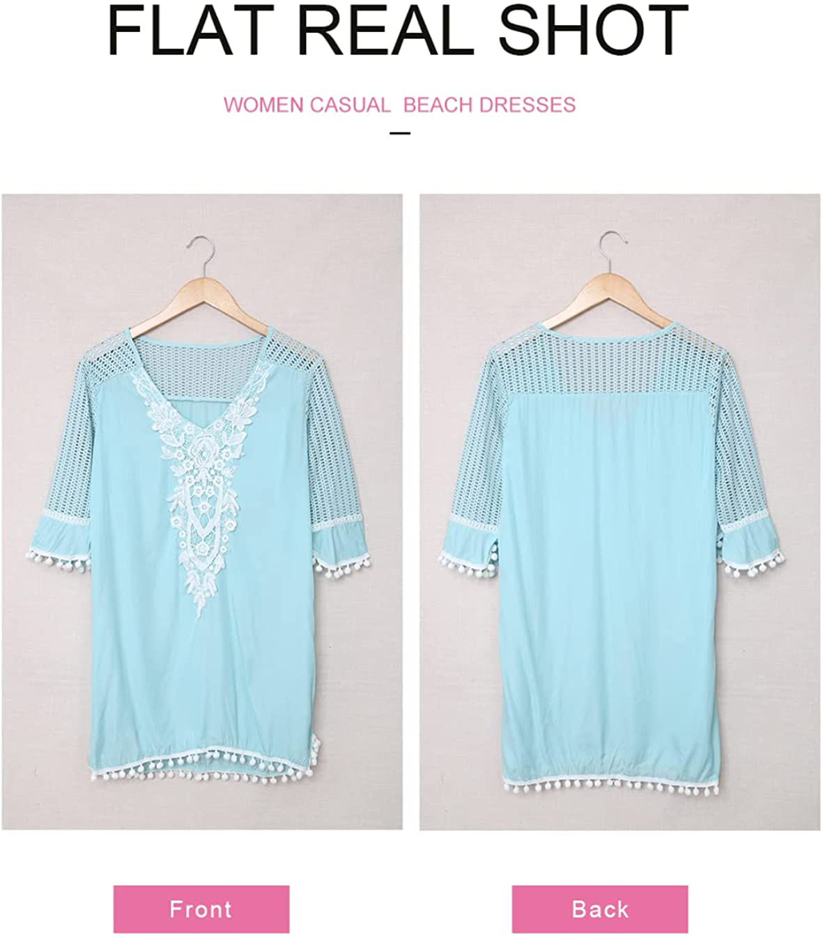 BLENCOT Women'S Crochet Chiffon Tassel Swimsuit Bikini Pom Pom Trim Swimwear Beach Cover Up Apparel & Accessories > Clothing > Swimwear Kylie Max   