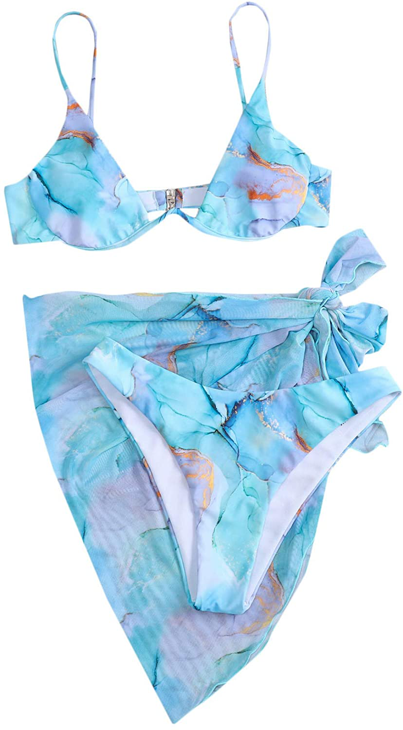 SheIn Women's 3 Piece Tie Dye Underwire Bikini Set Swimsuit and Cover Up Beach Skirt Apparel & Accessories > Clothing > Swimwear SheIn   