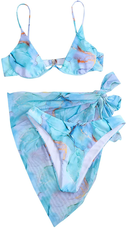 SheIn Women's 3 Piece Tie Dye Underwire Bikini Set Swimsuit and Cover Up Beach Skirt Apparel & Accessories > Clothing > Swimwear SheIn   