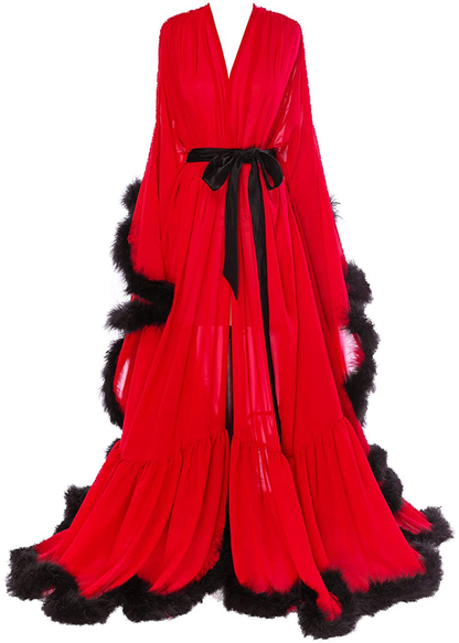 Molisa Women'S Sexy Feather Bridal Robe Long Wedding Scarf Illusion Bathrobe Sleepwear Lingerie Robe Nightgown Apparel & Accessories > Clothing > Sleepwear & Loungewear > Robes Molisa Red+black Small-Medium 