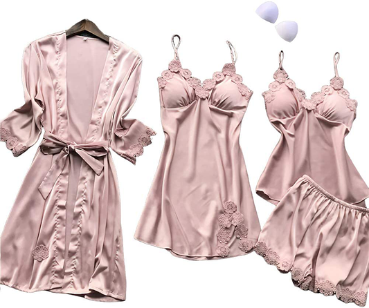 SAPJON Women'S 4Pcs Silk Satin Pajama Set Sexy Cami Top Nightgown Lace Sleepwear Robe Sets Nightdress with Chest Pads Apparel & Accessories > Clothing > Sleepwear & Loungewear Kylie Max   