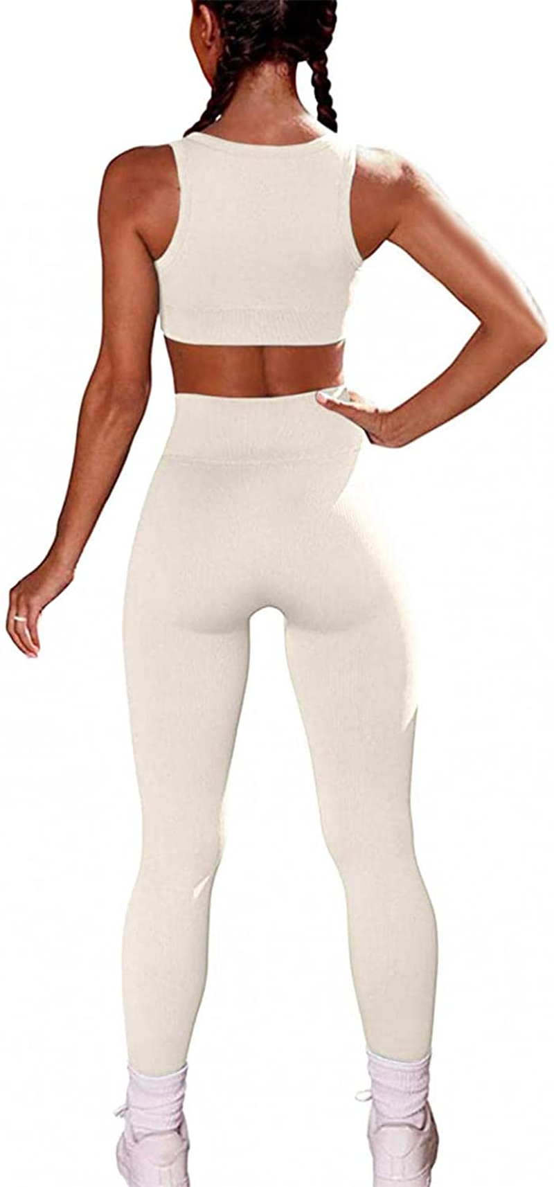 Burband Womens Solid Color 2 Piece Tracksuit High Waist Leggings Sport Bra Yoga Seamless Texture Bodysuit Workout Outfits Apparel & Accessories > Clothing > Underwear & Socks > Shapewear Burband   