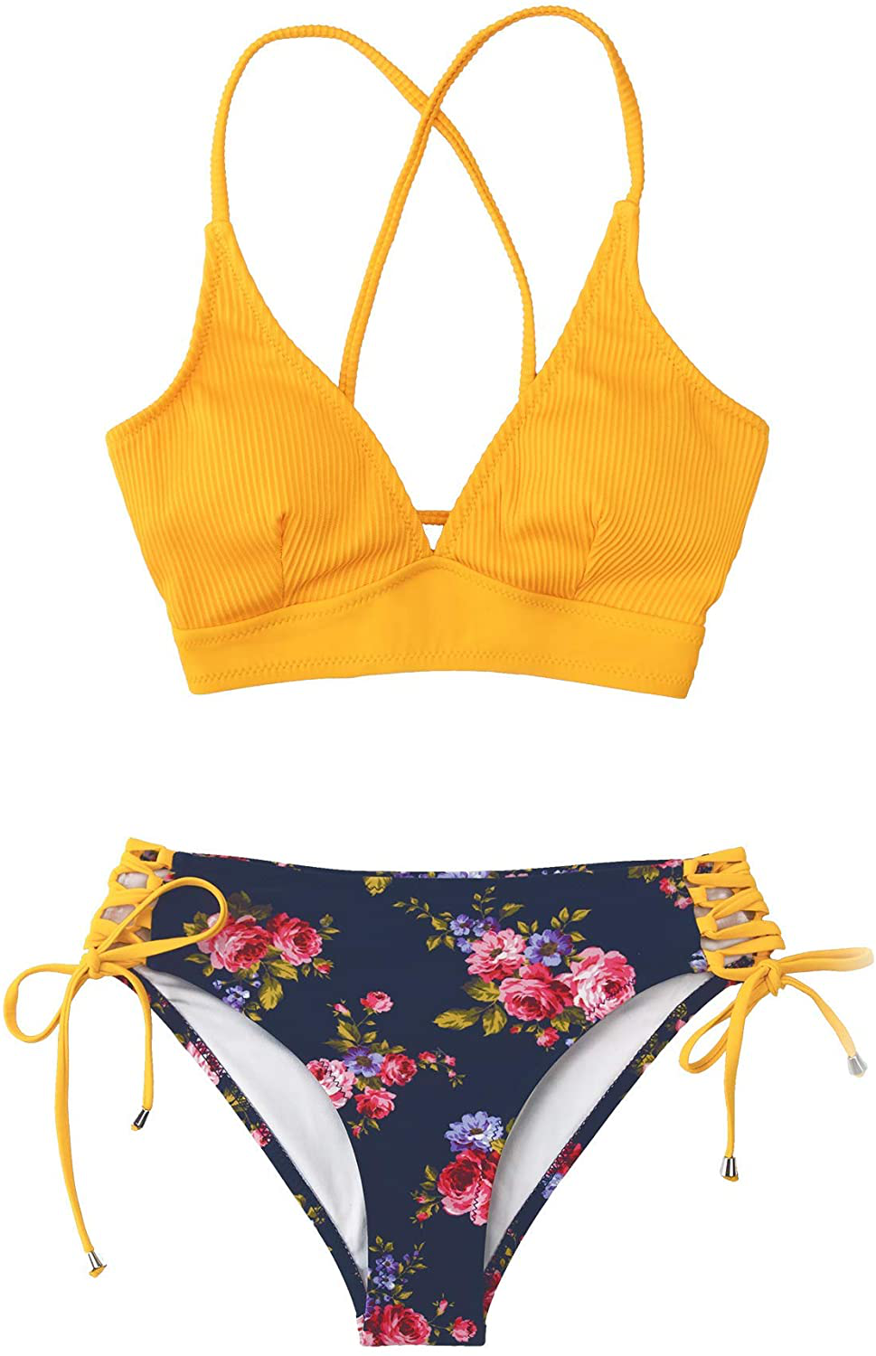 CUPSHE Women's Bikini Swimsuit Floral Print Lace Up V Neck Two Piece Bathing Suit Apparel & Accessories > Clothing > Swimwear CUPSHE   