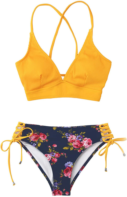 CUPSHE Women's Bikini Swimsuit Floral Print Lace Up V Neck Two Piece Bathing Suit Apparel & Accessories > Clothing > Swimwear CUPSHE   